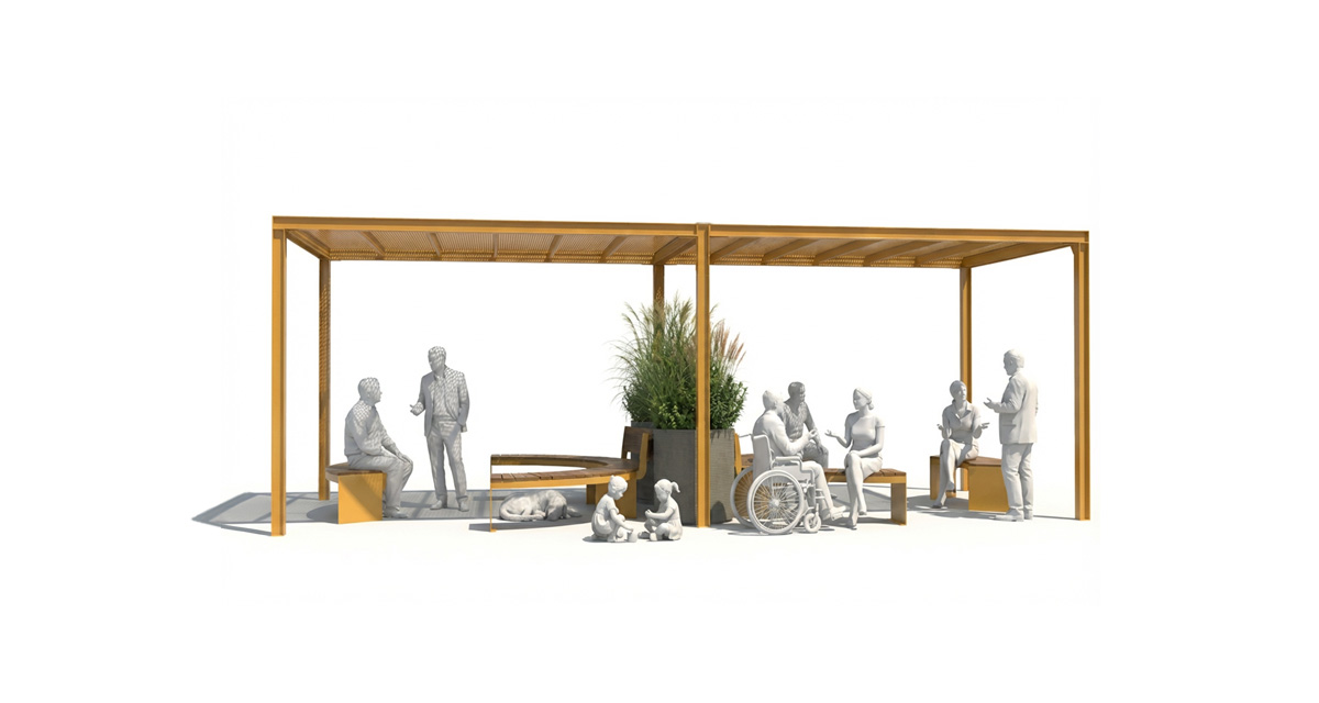 Modular urban bench, universal access (ADA), public bench, pergola urbaine, Street furniture, urban furniture, Urban bench shelter, urban bench urban pergola urban furniture, sunshade, umbrella, outdoor collaborative space furniture, outdoor school furniture, outdoor furniture, school outdoor furniture, touristic station outdoor furniture, commercial outdoor furniture, Park outdoor furniture, Rooftop terrace furniture, Commercial terrace furniture, Public square outdoor furniture, Touristic site outdoor furniture, Urban modular furniture, Public space furniture.