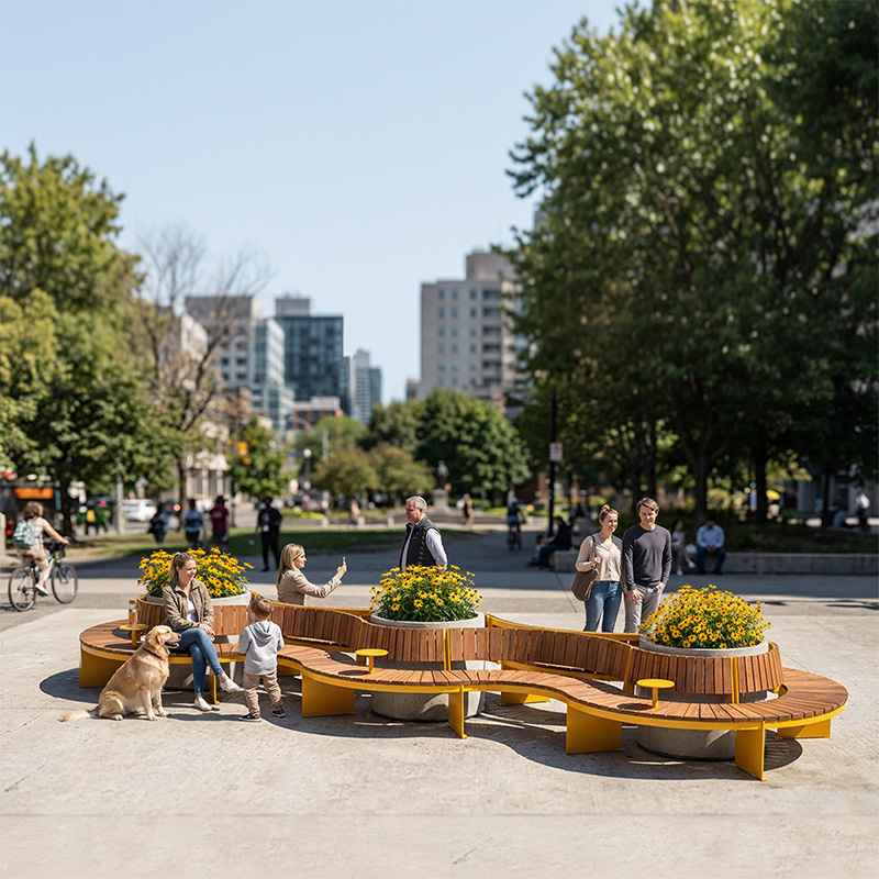 Configuration de mobilier urbain TRIVIO pour placette avec bancs modulaires et tables rondes, Aménagement de placette urbaine avec mobilier TRIVIO et bacs de plantation, Banc modulaire urbain, accès universel (PMR), mobilier urbain, banc public, mobilier espace public, mobilier extérieur, mobilier d'espace collaboratif extérieur, mobilier espace commercial, mobilier de parc, mobilier scolaire, station touristique, mobilier terrasse commerciale, mobilier place publique, mobilier toit-terrasse extérieur, mobilier modulaire urbain Modular urban bench, universal access (ADA), urban furniture, street furniture, site furnishings, public bench, public space furniture, public square outdoor furniture, outdoor furniture, outdoor collaborative space furniture, commercial furniture, park furniture, school outdoor furniture, touristic station, Touristic site outdoor furniture, commercial terrace furniture, rooftop terrace furniture, urban modular furniture