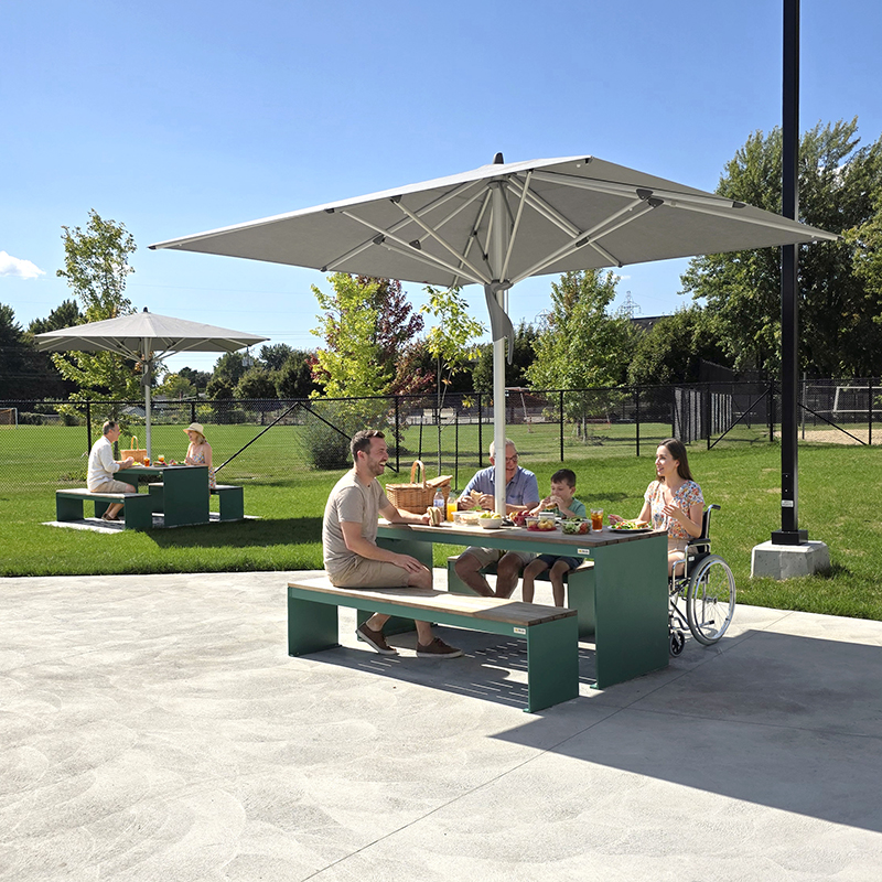 Table pique-nique modulaire, accès universel (PMR), parasol de tissu, abri solaire, abri de table de pique-nique, mobilier urbain, table à pique-nique, table publique, banc public, mobilier espace public, mobilier extérieur, mobilier d'espace collaboratif extérieur, mobilier espace commercial, mobilier de parc, mobilier scolaire, station touristique, mobilier terrasse commerciale, mobilier place publique, mobilier toit-terrasse extérieur, mobilier modulaire urbain
Modular picnic table, universal access (ADA),  fabric parasol, sunshade, solar shelter, sunbrella, umbrella, Picnic table shelter, urban furniture, street furniture, site furnishings, public table, public bench, modular picnic table, public space furniture, public square outdoor furniture, outdoor furniture, outdoor collaborative space furniture, commercial furniture, park furniture, school outdoor furniture, touristic station, Touristic site outdoor furniture, commercial terrace furniture, rooftop terrace furniture, urban modular furniture
